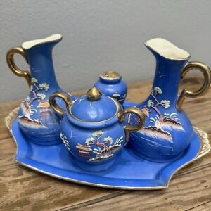 Vintage Hinde Japan Moriage Blue/Gold 5 Piece Condiment Table Set